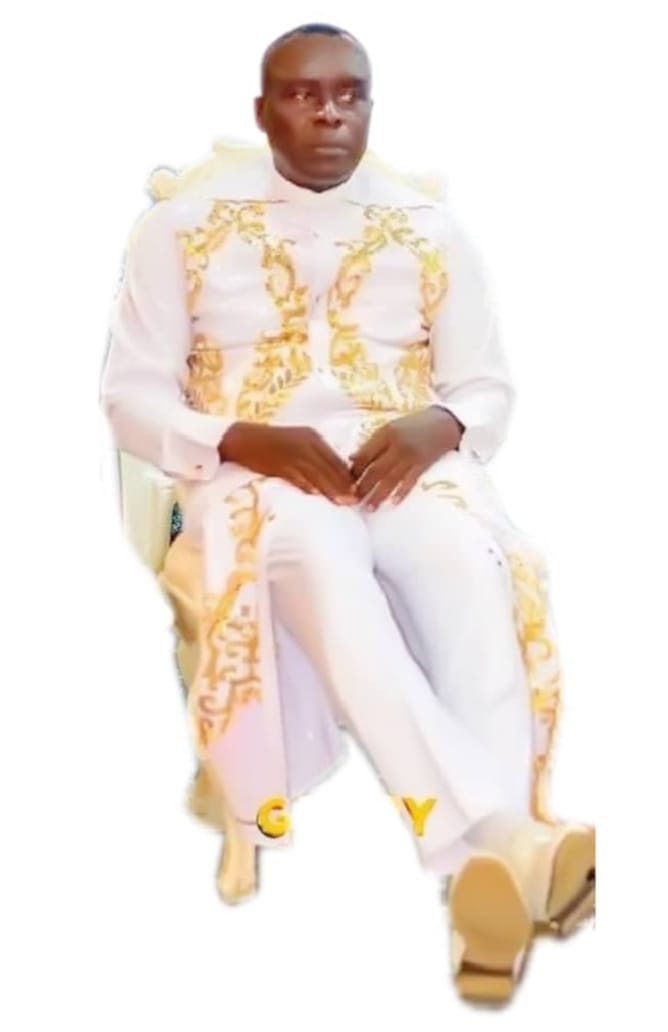 Apostle Prof. E. C. Ejiofor seated in an ornate chair, wearing a white robe with intricate gold scrollwork patterns — General Overseer of Praiseland Royal Springs Int'l Church