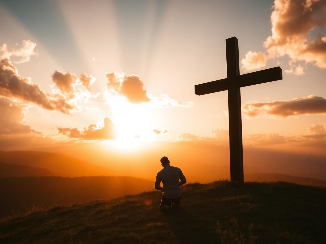 Person kneeling at the cross in surrender to Jesus